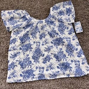 btween Kids Girls Blue Floral Print Flutter Sleeve Top Size 8 Cotton